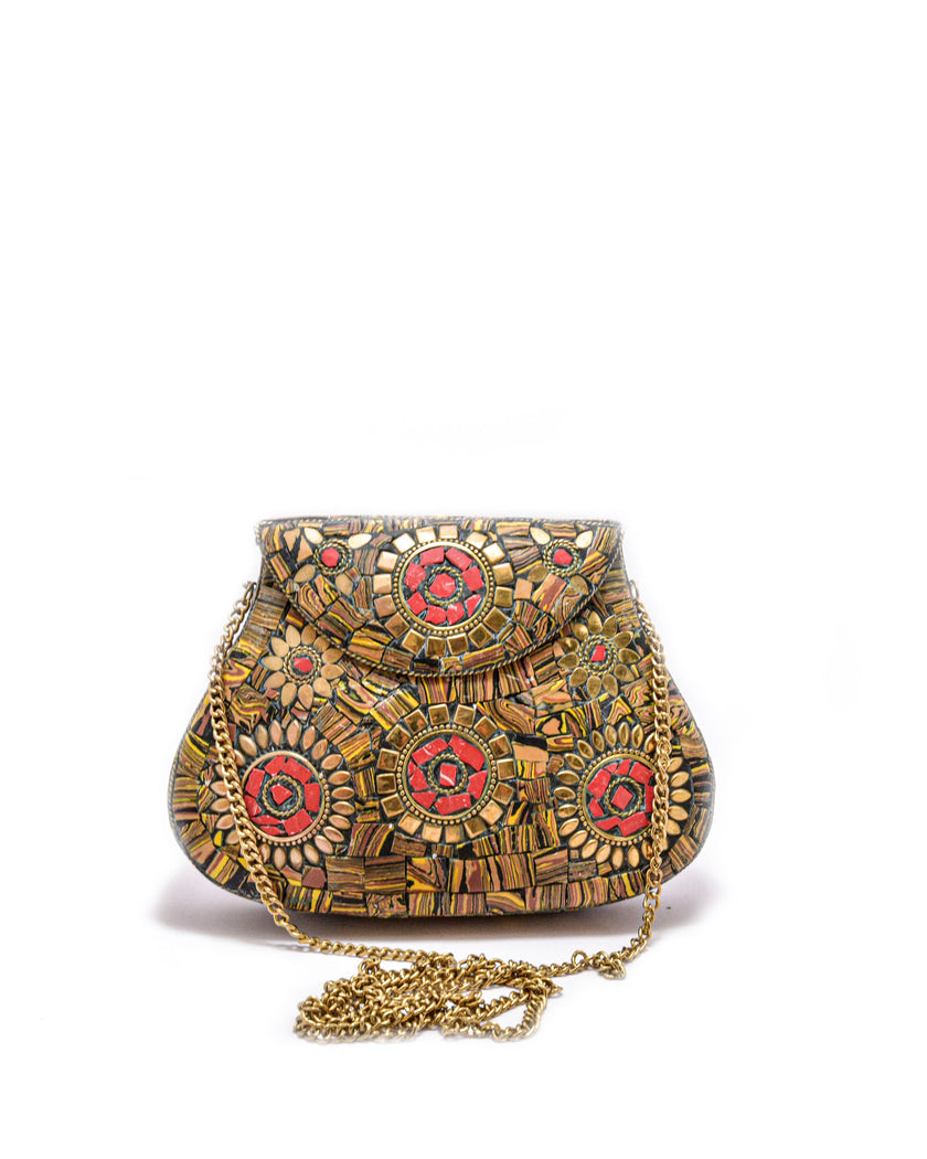 Minaudière Joya Coral del Sahara — Latón & Mosaico Ámbar
