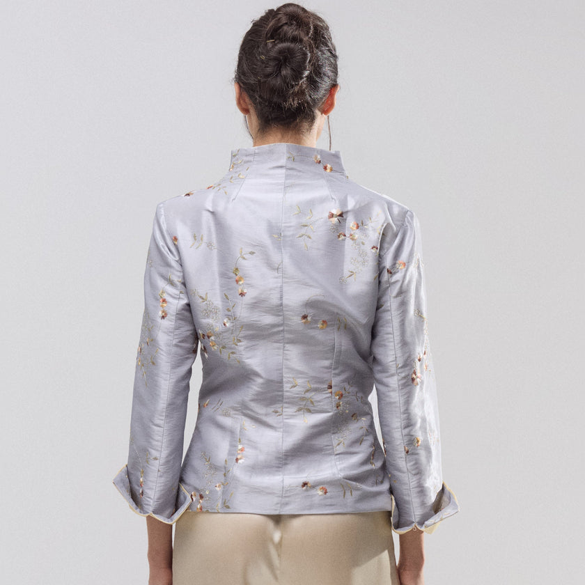 Chaqueta de Shantung de Seda Bordada – Bruma de Jade