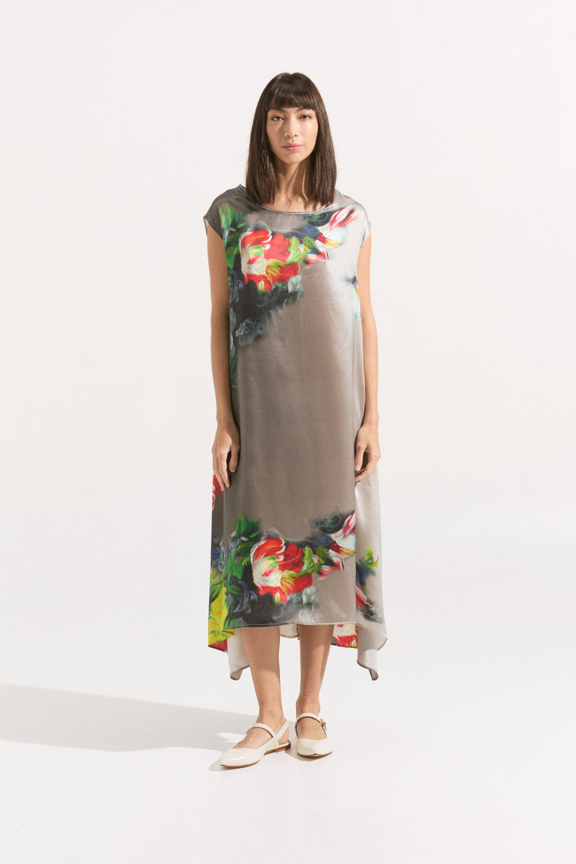 Vestido Midi de Seda Natural con Estampado Floral Acuarela
