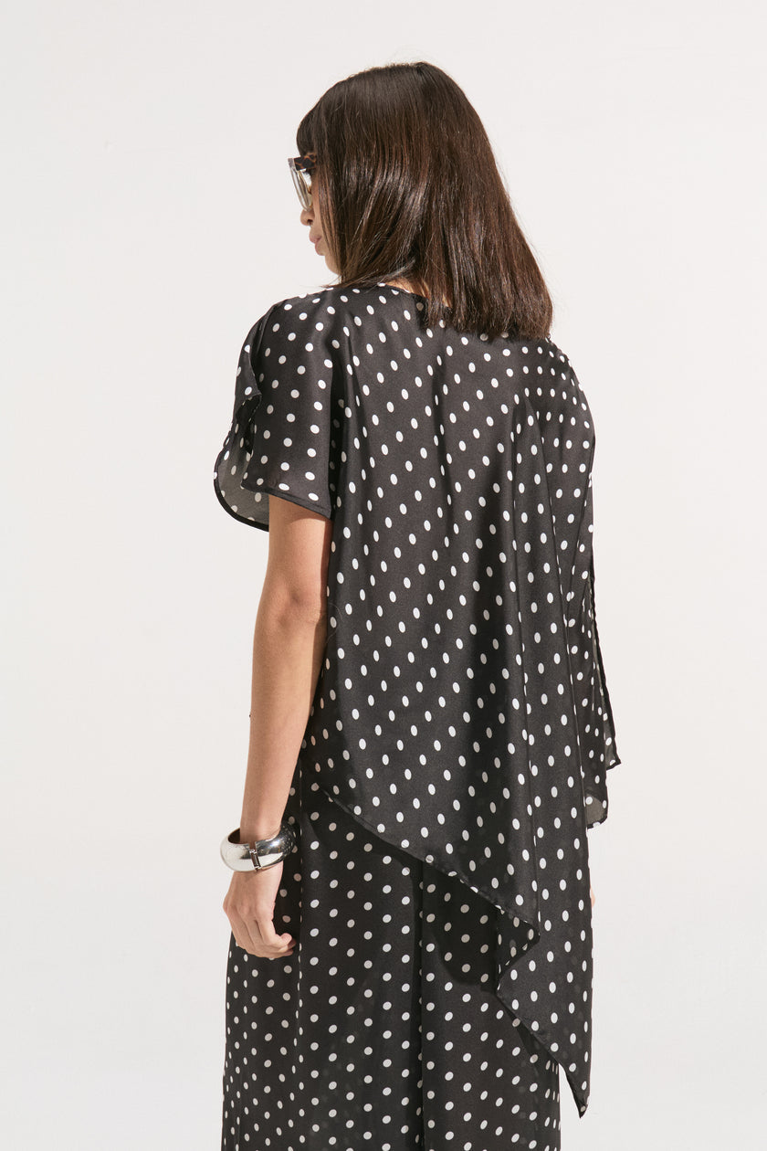 Conjunto de Seda Pura a Lunares Asimétricos - Top Kaftán y Pantalón