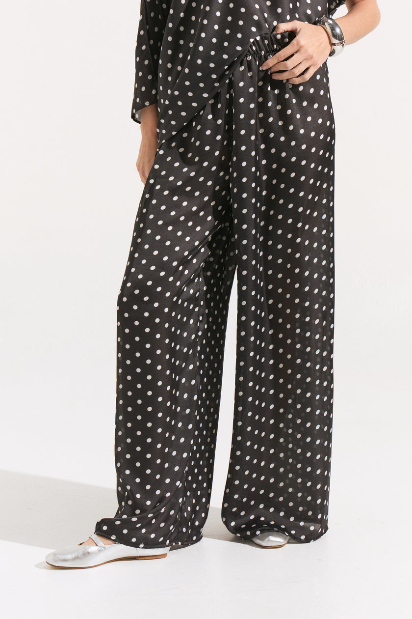 Conjunto de Seda Pura a Lunares Asimétricos - Top Kaftán y Pantalón