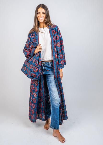 KIMONO LARGO DE ALGODON ESTAMPADO AZUL