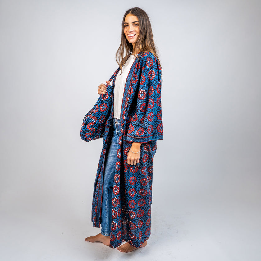 KIMONO LARGO DE ALGODON ESTAMPADO AZUL