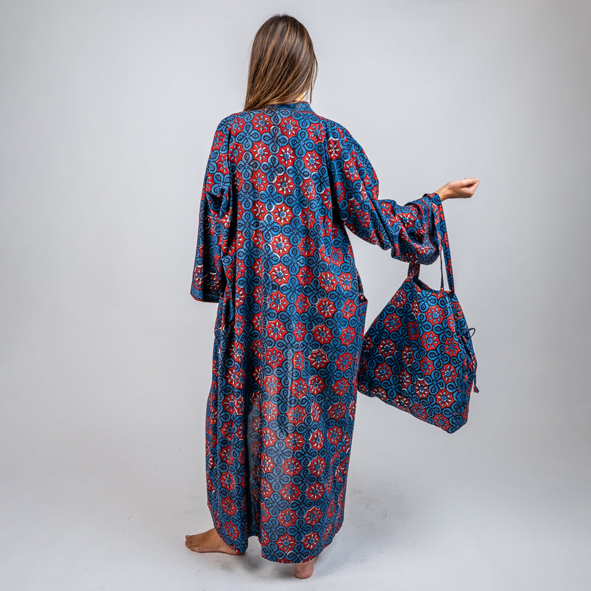 KIMONO LARGO DE ALGODON ESTAMPADO AZUL