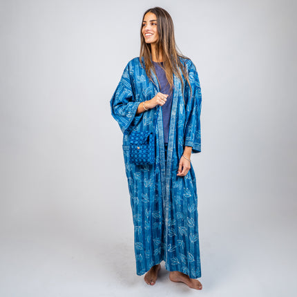 KIMONO LARGO DE ALGODON ESTAMPADO AZULINO