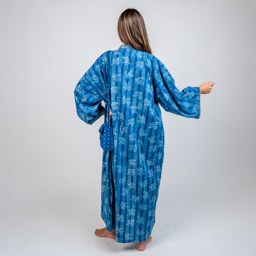 KIMONO LARGO DE ALGODON ESTAMPADO AZULINO
