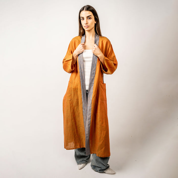 EMA Kimono en 100% Lino Belga Liso Tornasolado Naranja