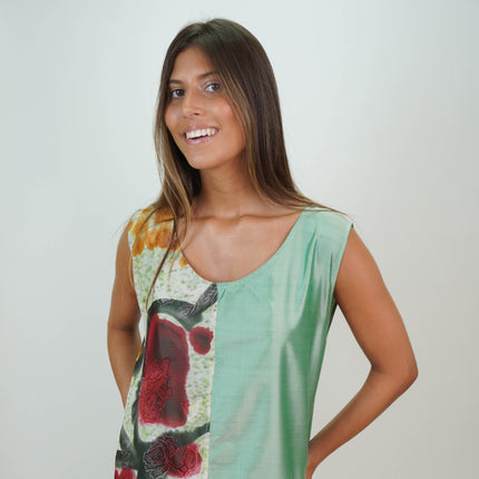 Vestido de Shantung de Seda con Recortes Estampados – Elegancia y Exclusividad en Cada Detalle